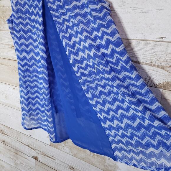 Y2K Oversized Sheer Tank Top Blouse Chevron Stripe Flowy Blue V-Neck Hi Low S - Picture 8 of 11